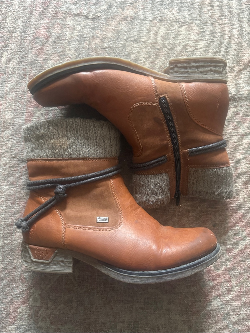 Rieker Chestnut Brown Leather Ankle Boots with Knit Cuff